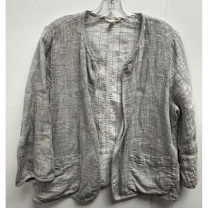EILEEN FISHER Linen Cotton Open Jacket Gray Double Face Pockets 3/4 Sleeve M Med